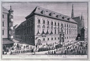 Vista de una procesión fúnebre con la Catedral de San Esteban en el fondo grabada por Johann-August Corvinus (1683-1738)